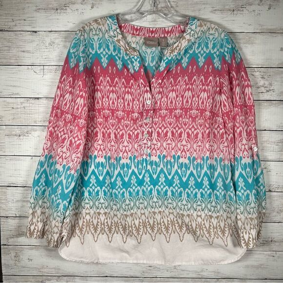 Chico's Ikat Cotton Print Rolltab Sleeve Pink Turquoise Blouse Top 1/ M - Picture 1 of 6